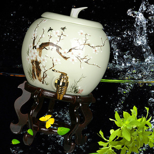 纯手绘陶瓷水缸储水罐6升12斤凉开水家用蓄水桶饮料桶带龙头底座