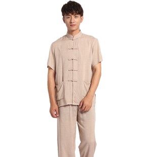 夏季中老年男士纯色短袖长裤套装盘扣棉麻中式唐装晨练服