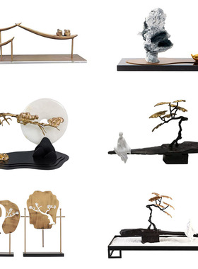 新中式玉石平安扣金属迎客松扇子摆件禅意人物招财树造Z景玄关装