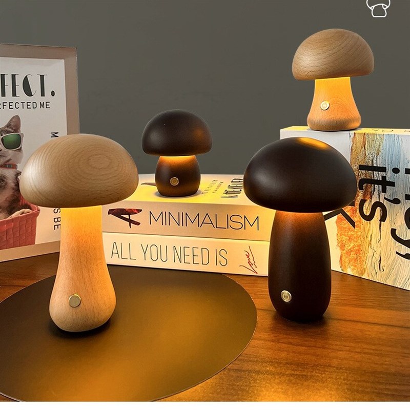 实木头蘑菇灯摆i件充电小夜灯创意台灯卧室简约家居氛围灯乔迁礼