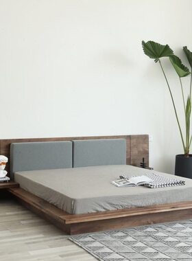 落地实木床榻榻米床双人简约胡桃木实木床大床x2米别墅22米矮软包