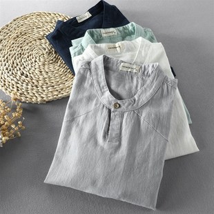 亚麻衬衫短袖男休闲中国风宽松立领棉麻衬衣半袖夏季薄款T恤上衣