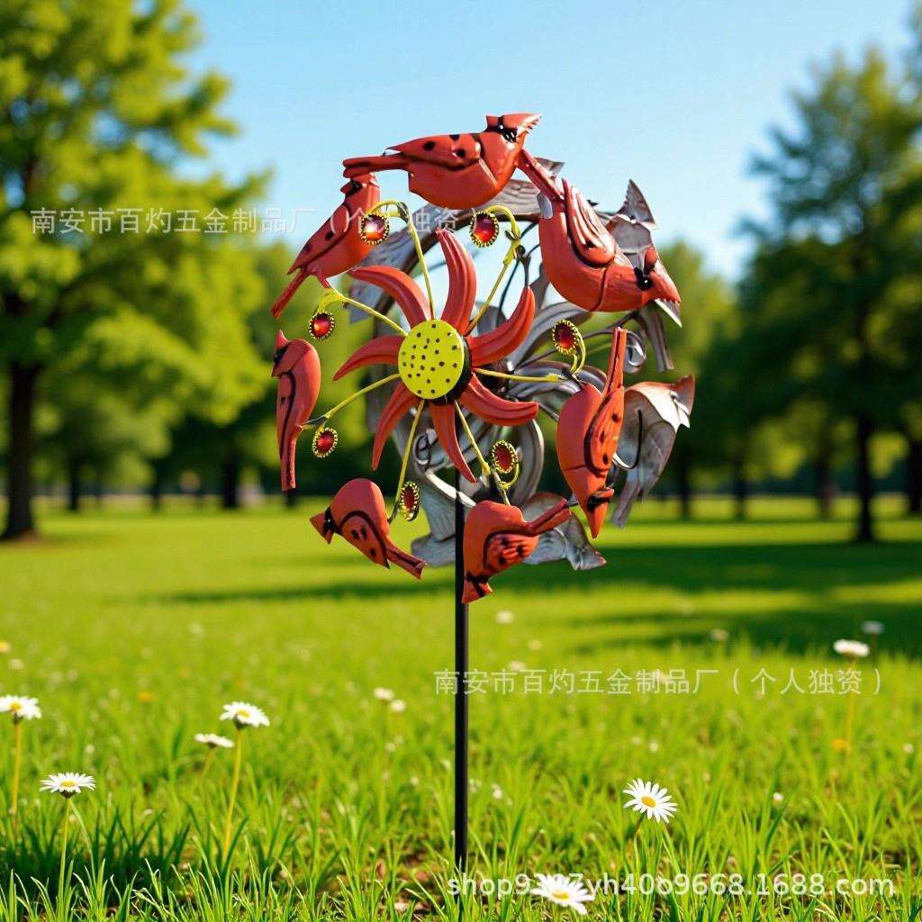 户外仿真红鸟风车花园草坪摆件庭院金属工艺品铁艺风车装饰