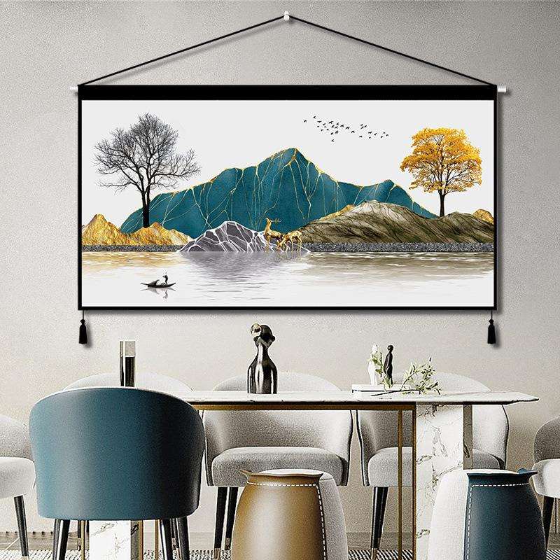 现代简约发财鹿山水画挂画免打孔墙布背景挂布卧室房间客厅装饰画