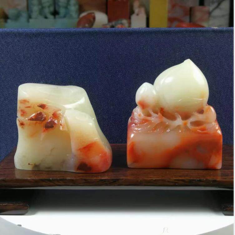 寿山石寿桃 节节高寿山芙蓉石印章配盒印面随行4.4*2.4 ,4.1*1.8