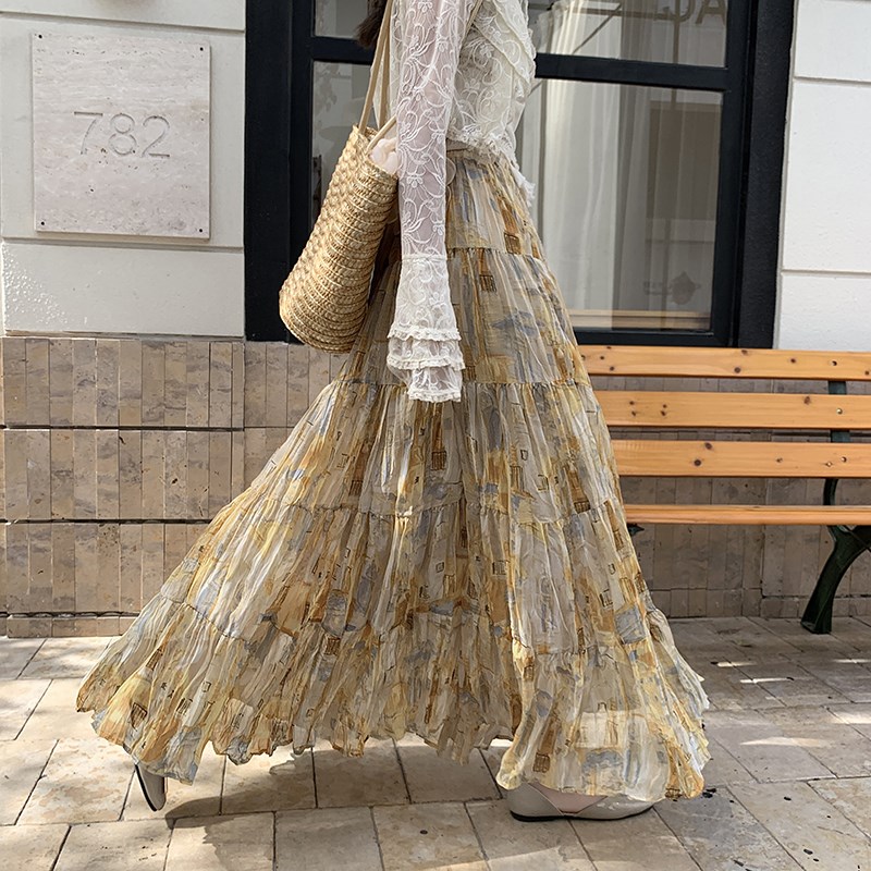 碎花半身裙女2025新款夏季法式气质百褶裙雪纺拼接大摆长裙a字裙