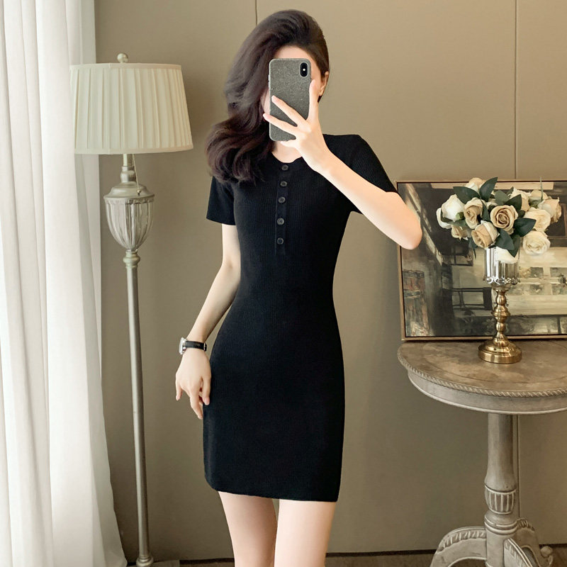 2025夏季新款淑女简约紧身黑色短款包臀打底冰丝短袖针织连衣裙