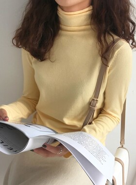 鹅黄色毛衣女高领修身弹性亮黄色奶油黄上衣兔绒针织衫内搭打底衫