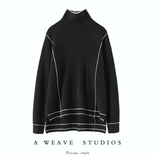 心头爱!白拼条高领羊绒衫女加厚纯羊绒毛衣女宽松慵懒2022冬新款