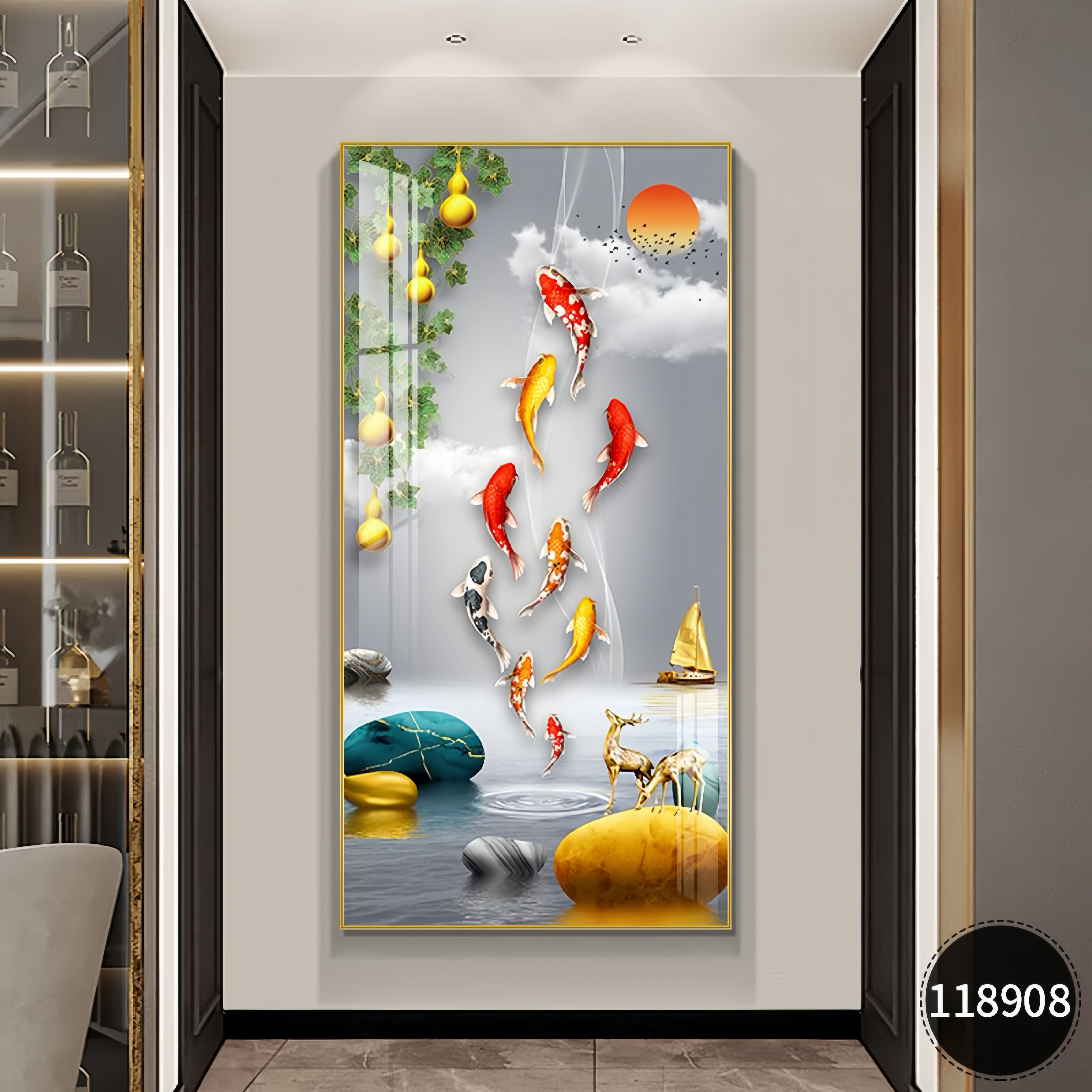 现代简约入户玄关装饰画正对门走廊过道客厅挂画九鱼图寓意好壁画