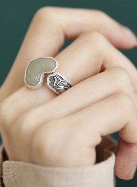 925银新中式复古做旧q民族风和田玉如意戒指环开口调节简约高级感