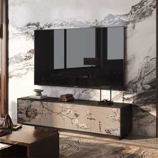 新中式喜上眉梢j花鸟图客厅电视落地柜沙发床尾卧室收纳储物柜一