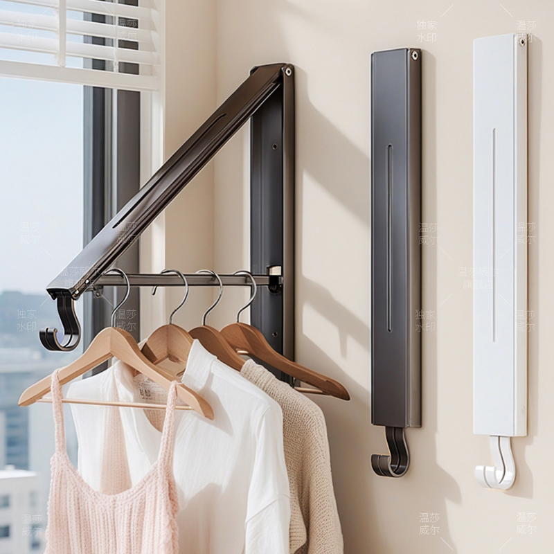 折叠晾衣架隐形伸缩阳台窗户挂衣杆免F打孔壁挂式多功能晒衣架神