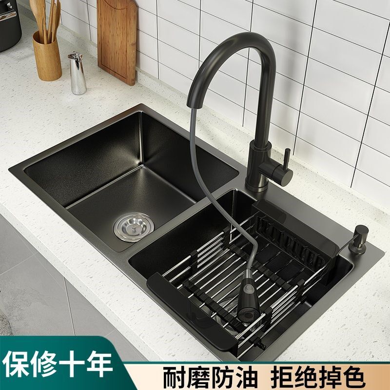 德国黑色纳米水槽双槽 厨房洗菜盆304不锈钢手工家用洗碗池套餐