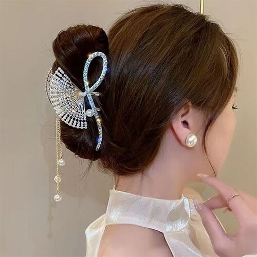 超仙扇子流苏镶钻抓夹高级感后脑勺发夹