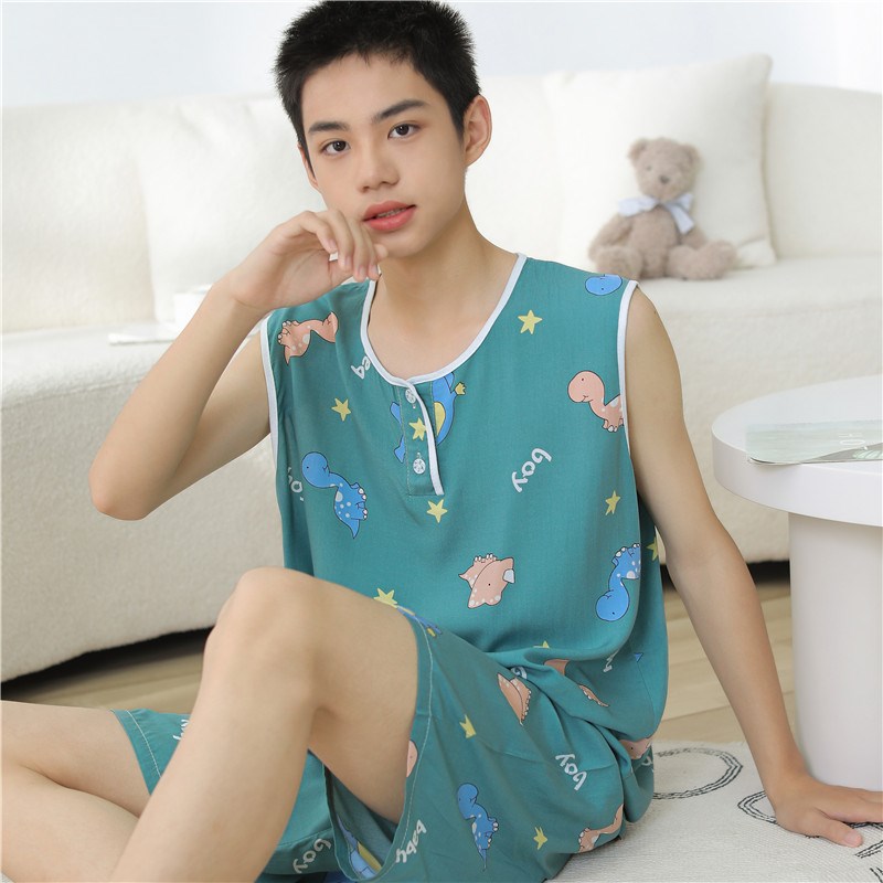 夏季青年男士棉绸睡衣套装无袖短裤绵绸薄款青少年初中学生家居服图片