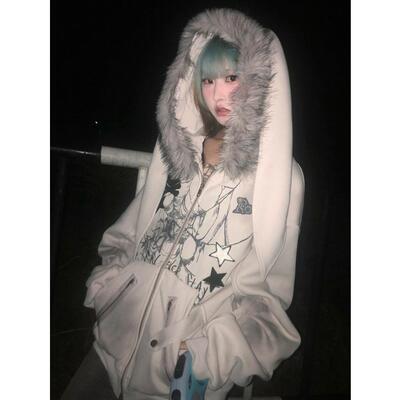 毛领兔耳朵连帽卫衣外套女亚文化设计感小众开衫秋冬宽松连帽棉上