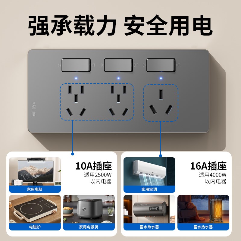 扩展插座4000W大功率16A空调热水器厨房家用拓展不带线插排插线板