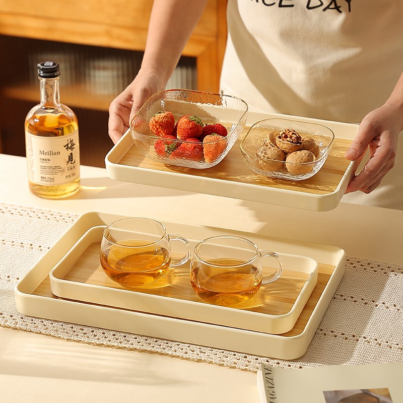 日式仿木纹托盘长方形茶盘放茶杯家用水果盘塑料商用餐饮收纳餐盘