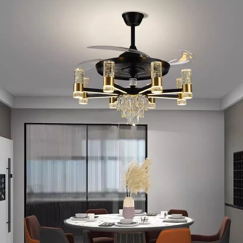 大客厅风扇灯水晶吊扇灯隐形家用一体带电扇吊灯轻奢大气2024新款