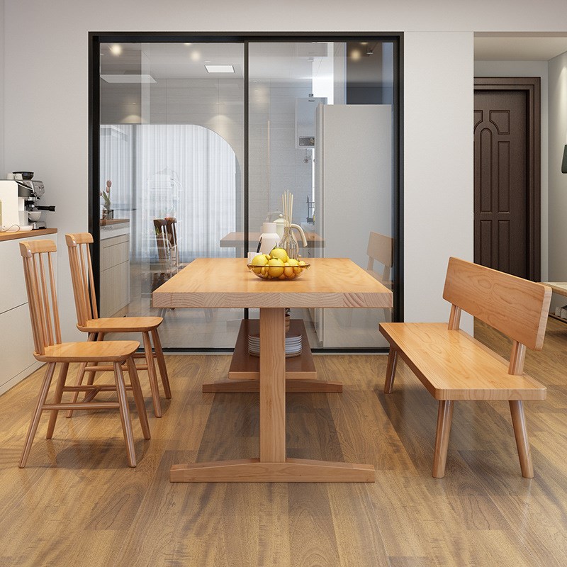 现代简约客厅双层实木餐r桌 创意T字型松木餐桌 饭店大板长条餐桌