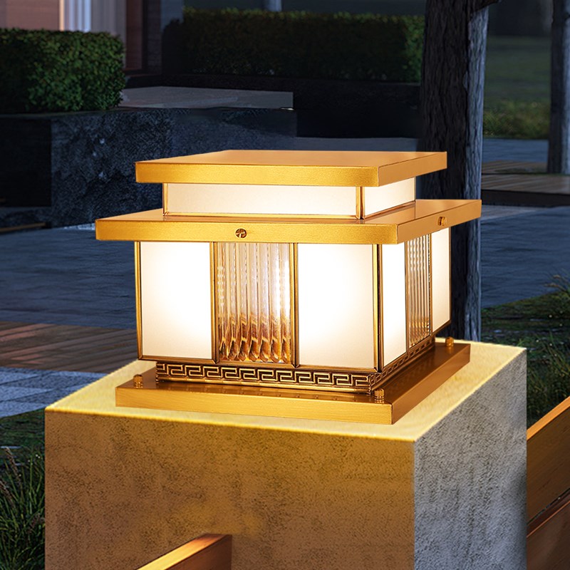 全铜柱头灯大门新中式柱子灯庭院灯别墅J户外防水玻璃太阳能围墙