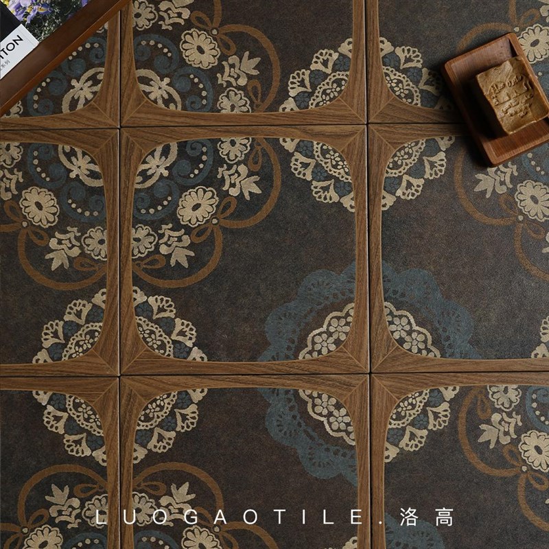法式复古木纹花砖300哑u光地砖中古风餐厅玄关民宿卫生间阳台瓷砖