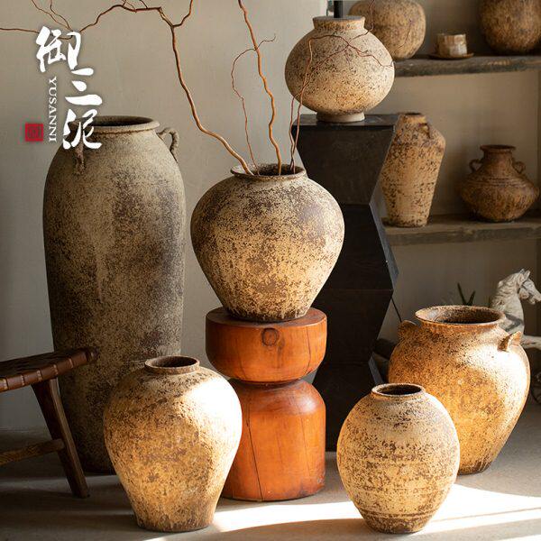 御三泥新中式陶瓷插干花花盆家居摆件粗陶复古花瓶可水培民宿陶罐