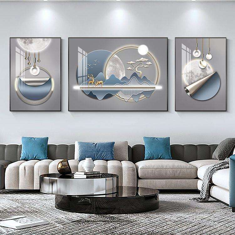 高端客厅装饰画简约沙发背景画福禄几何墙壁挂画轻奢三联画山水画