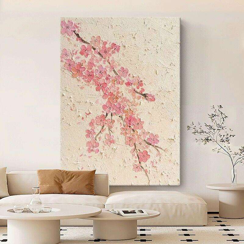 抽象手绘油画桃花奶油风客厅落地装饰画中式粉色花卉玄关肌理挂画
