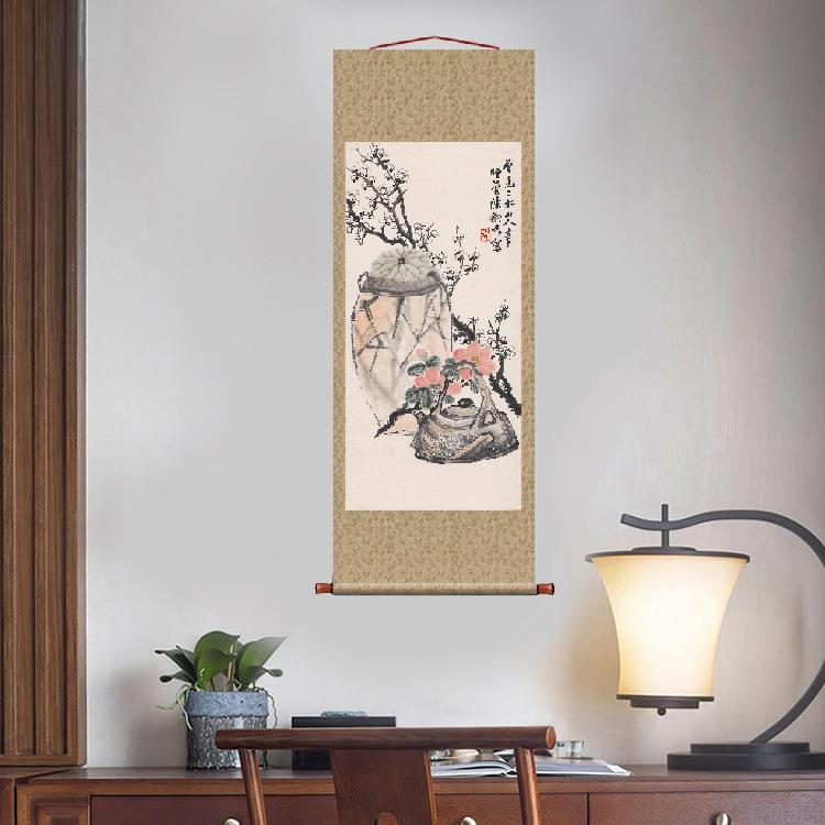 陈师曾茶花梅花图国画卷轴花鸟画名画复制品中式玄关挂画装饰画