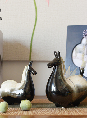 新中式禅意黑色陶瓷水墨小马摆件礼物样板间电视柜酒柜Z客厅装饰