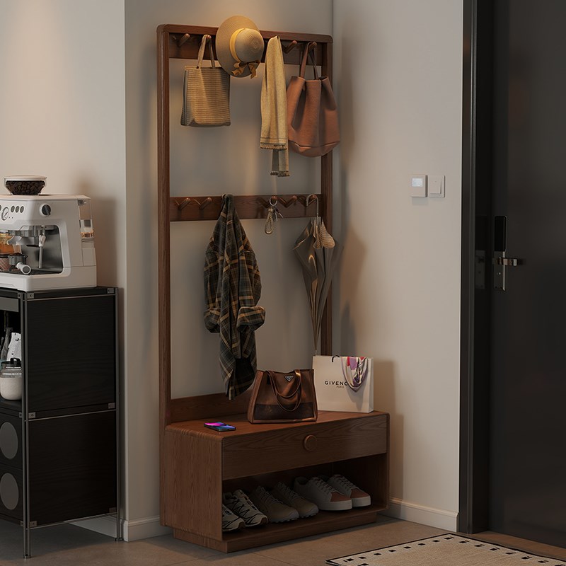 实木挂衣架可坐鞋架一体家用落地入户门口换鞋Q凳进门衣帽架置物