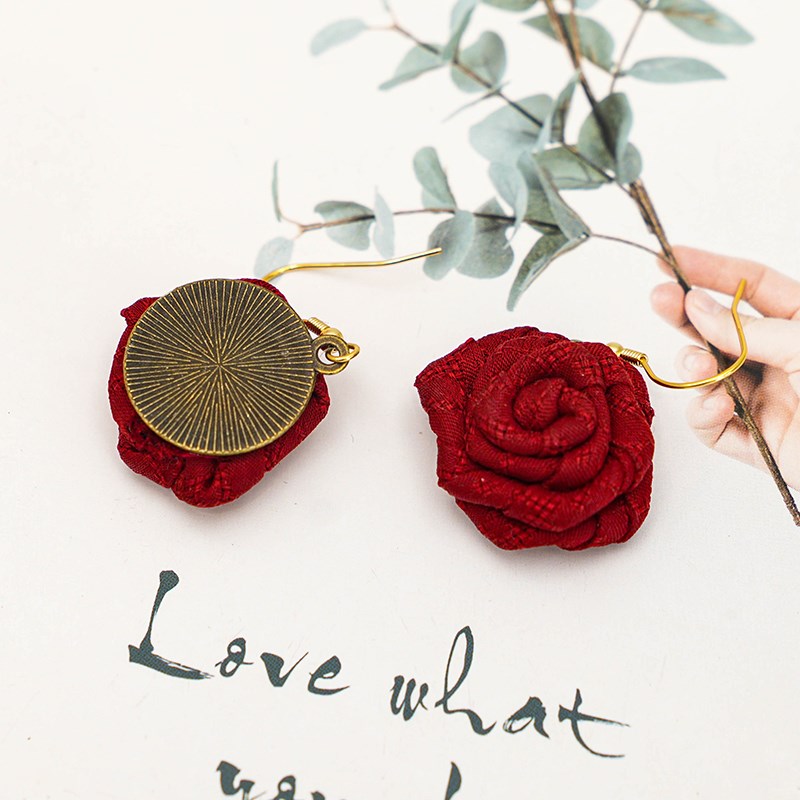 玫瑰花925银j香云纱桑蚕丝耳饰耳钉民族风中国风耳坠