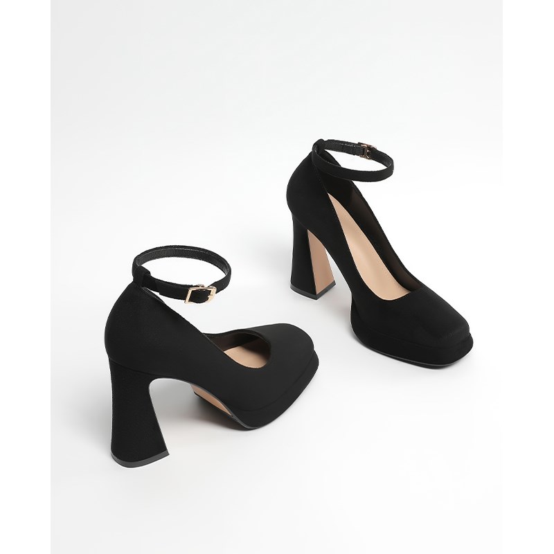 【跟高10CM】黑色高跟鞋2025新款绒面防水台厚底单鞋粗跟玛丽珍鞋