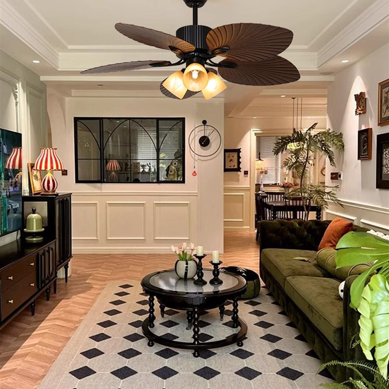 南洋芭蕉叶风扇吊灯卧室客厅美式覆古餐厅风扇灯法式中古风吊扇灯