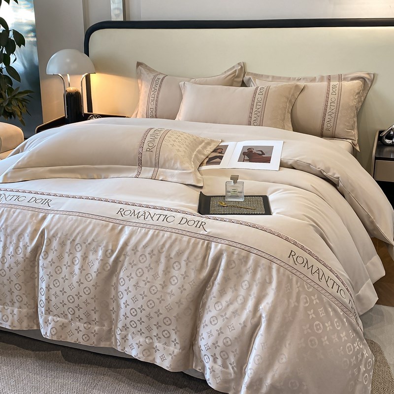 欧式冰丝四件套轻奢丝滑裸睡双面水洗真丝被套贡缎提花床单夏床品