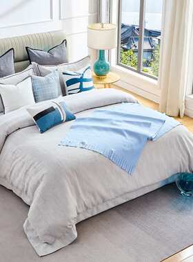 楼盘现代样板间床品多件套轻奢家具展厅卖场床上用品蓝色系套件