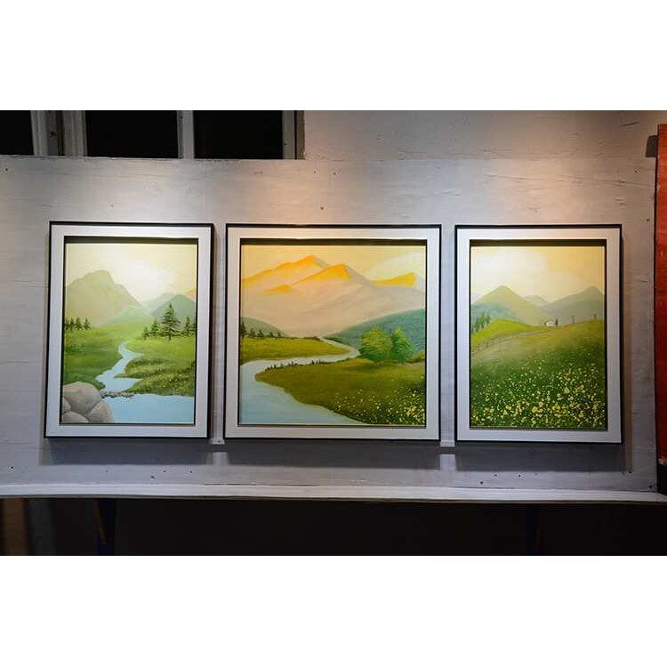 纯手绘油画客厅风景三联画现代简约北欧装饰画立体带玻璃肌理挂画