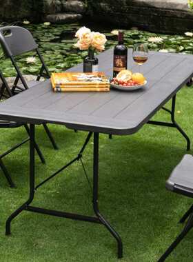 ?木纹深灰色户外便携家用长条现代简约收纳餐桌阳台免安装折叠