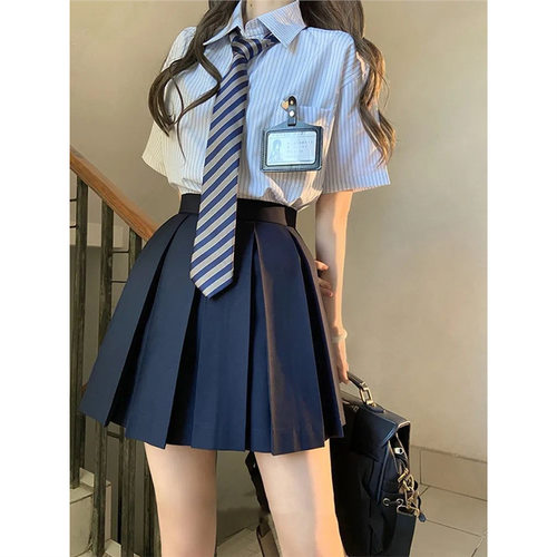 夏季复古学院风蓝条纹短袖衬衫