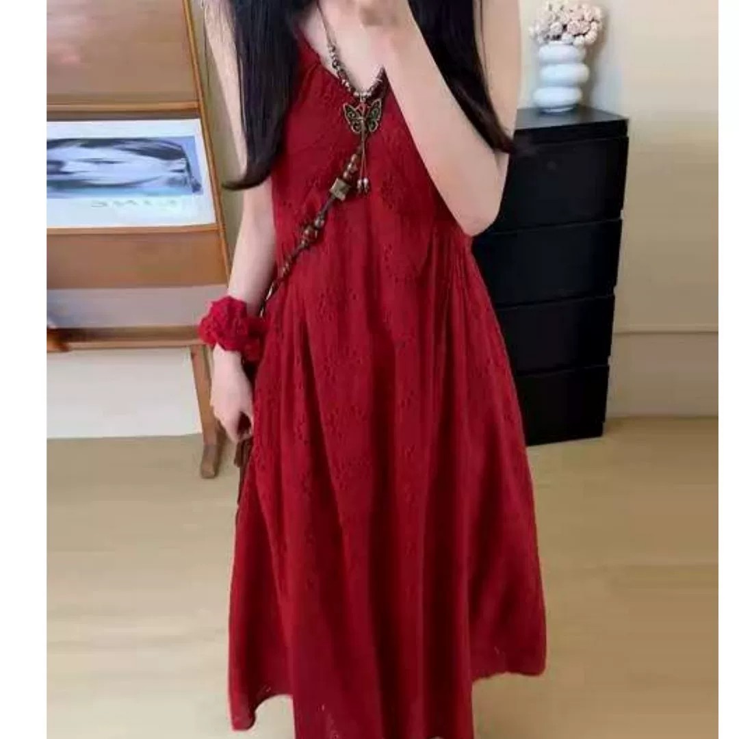 夏季甜美韩版高腰红色吊带连衣裙