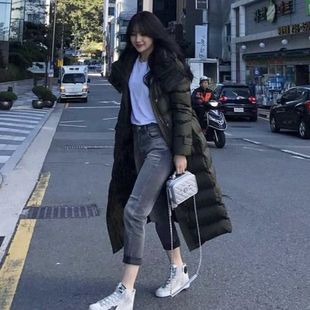 2025秋冬新款鸭绒修身长款羽绒服中青年韩版气质名媛腰带连帽保暖