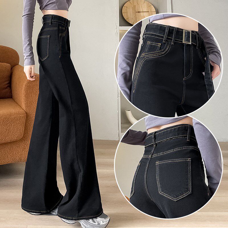 高级感黑金色宽版喇叭裤女2025夏季薄款明线设计感弹力阔腿牛仔裤