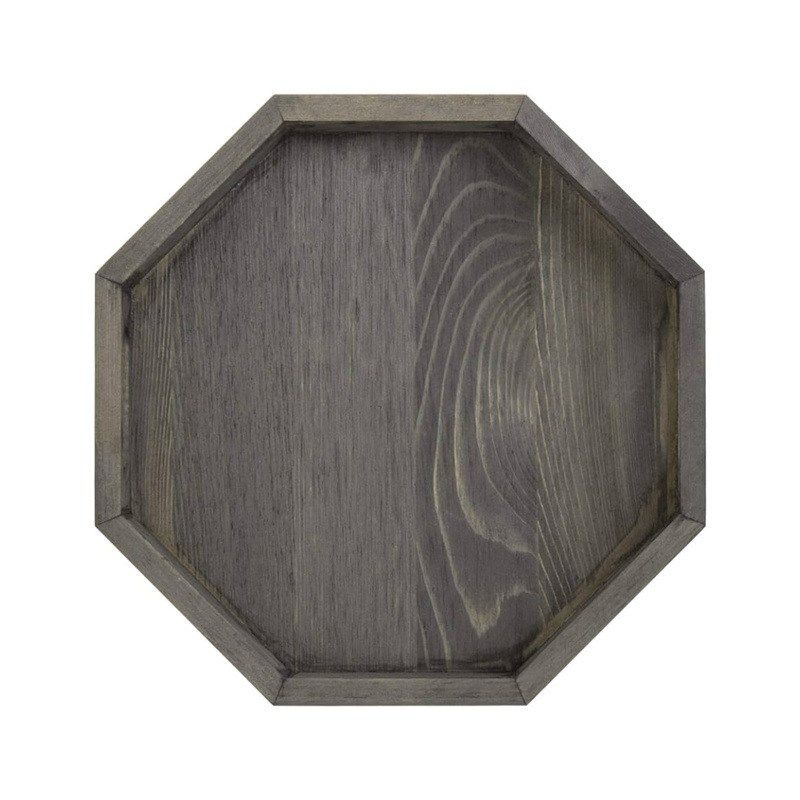 12 英寸复古灰色实木八角形托盘带镂空手柄红酒托盘小蛋糕展示架