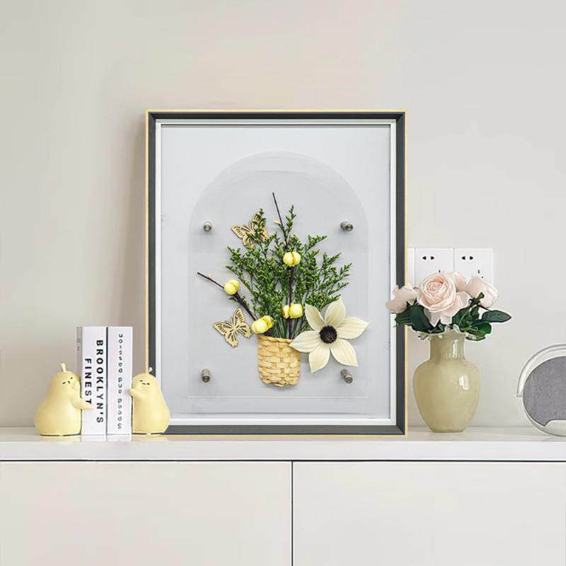 新款干花干草墙上装饰画实物画花卉餐厅挂画实物摆台画花瓶4050