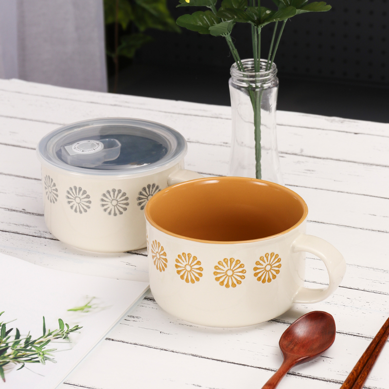 泡面碗杯带手柄j陶瓷带盖碗上班族微波炉加热汤碗吃饭碗专用保鲜