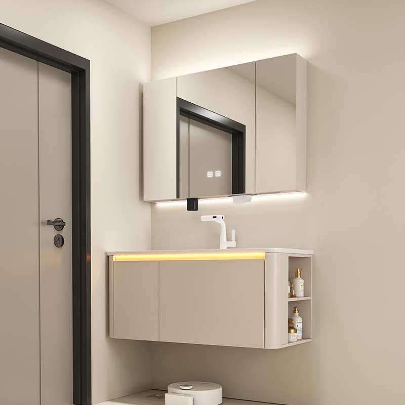 实木浴室柜感应氛围灯洗手台一体柜侧面收纳层洗漱台陶瓷一体盆