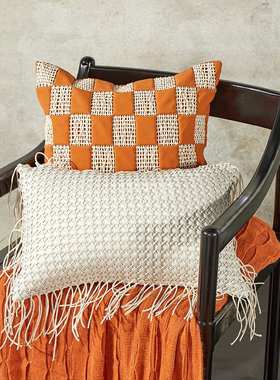 轻奢手工编织抱枕橙色焦糖色客厅沙发软装装饰枕样板间搭配背靠