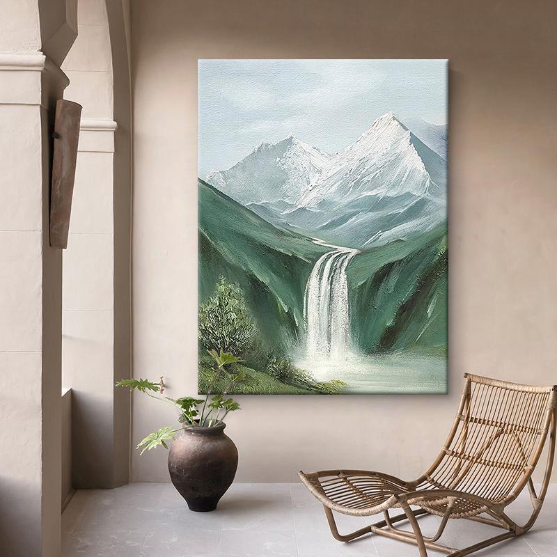 高山流水生财纯手绘油画客厅抽象风景装饰画玄关绿色挂画瀑布壁画